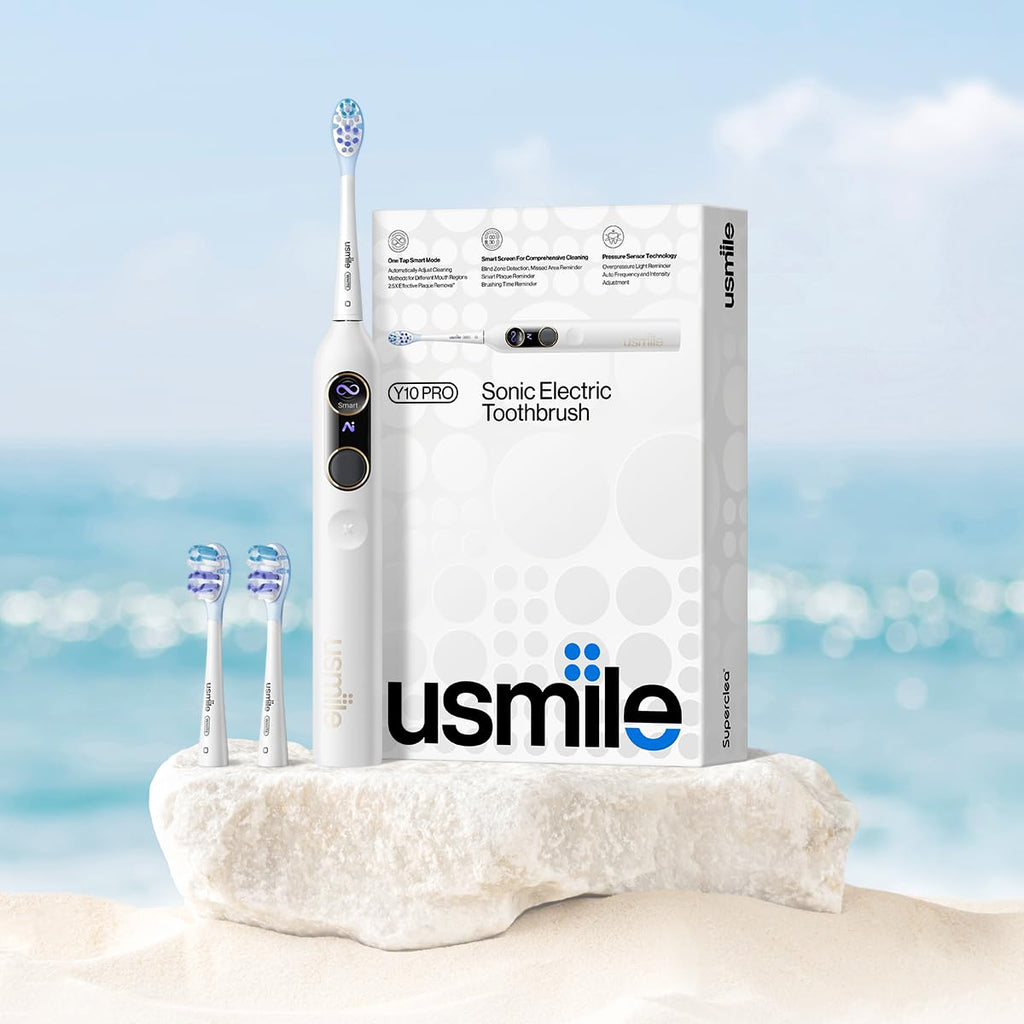 usmile Y10 PRO Rechargeable Electric Toothbrush with Smart Display, Missed Spot Detection, Pressure Sensor, 180-Day Battery Life, IPX8 Waterproof, Travel-Friendly with 2 Brush Heads