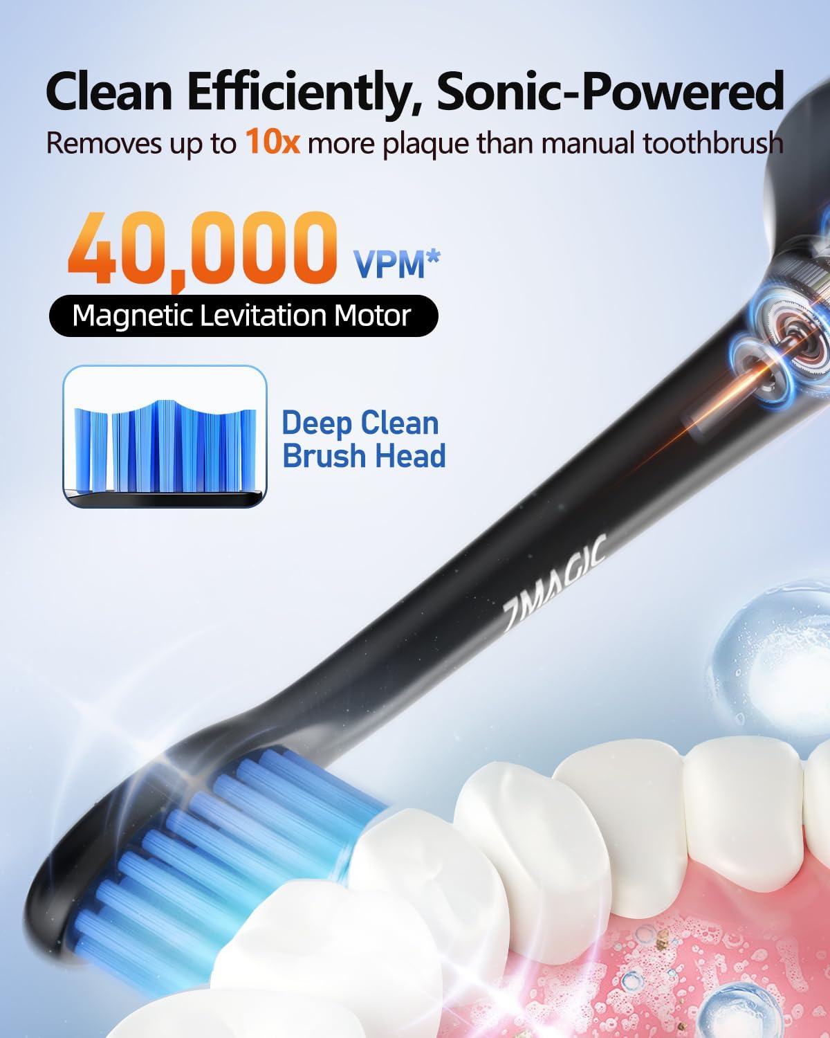 Electric Toothbrush for Adults, Sonic Toothbrush with 3 Intensity Levels & 5 Modes, One Charge for 90 Days, Rechargeable Electric Toothbrush with 6 Toothbrush Heads & 40,000 VPM Deep Clean(Black)